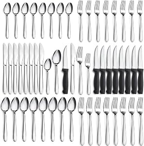 Pleafind 48-Pcs Silverware Set for 8, Flatware Set with Steak Knives, Stainless Steel Cutlery Set, Include Forks Spoons and Knives Set, Dishwasher Safe Utensil Sets for Home Restaurant