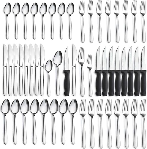 Miniatura 12 de Pleafind Juego de cubiertos de 24 piezas, cubiertos de acero inoxidable con cuchillos para carne, tenedores, cucharas, cuchillos, apto