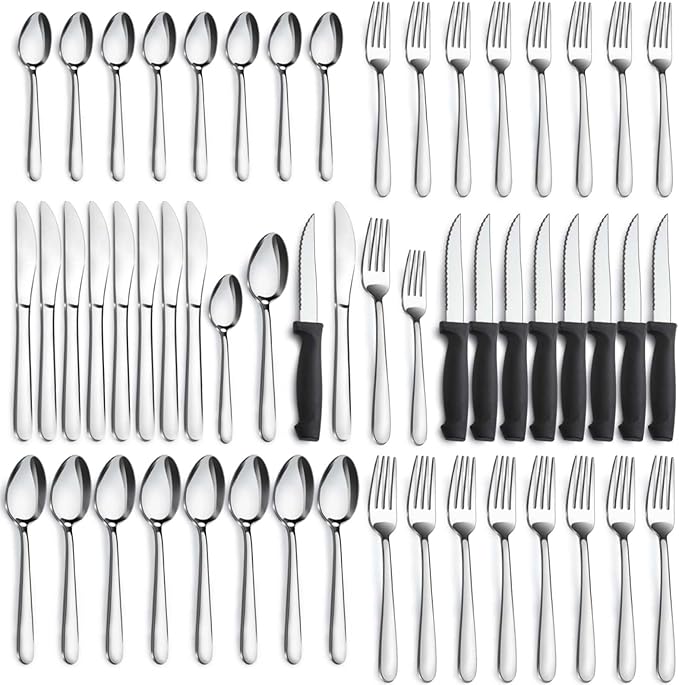 Pleafind 48-Pcs Silverware Set for 8, Flatware Set with Steak Knives, Stainless Steel Cutlery Set