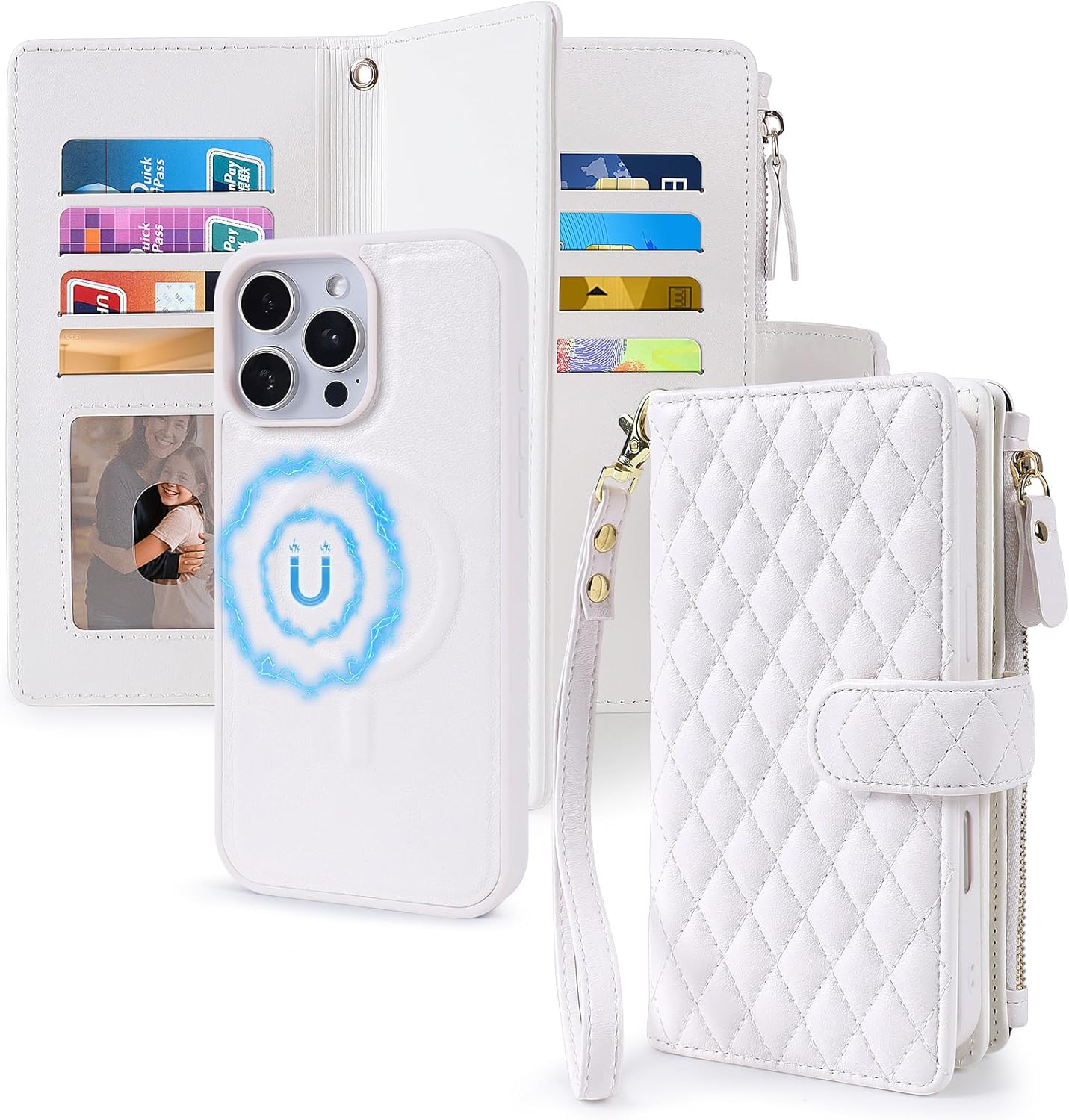 Harryshell 2 in 1 for iPhone 15/14 / 13 Wallet Case Magnetic Compatible with Magsafe RFID Blocking Card Holder Detachable Phone Cover Zipper Purse Kickstand Wrist Strap for Men Women Quilted White