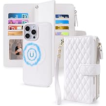 2 in 1 for iPhone 16 Pro Wallet Case Magnetic Compatible with Magsafe RFID Blocking Card Holder Detachable Phone Cover Zipper Purse Kickstand Wrist Strap for Men Women 6.3" 2024 Quilted White