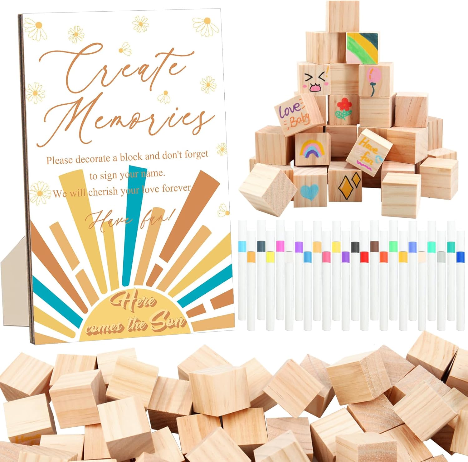 97 Pcs Sun Baby Shower Games Sign Kit, Sun Theme Party Decoration, Including Game Sign DIY Blank Wooden Block Painting Pen to Draw Your Idea for Sun Baby Shower Party Game Gender Reveal Party