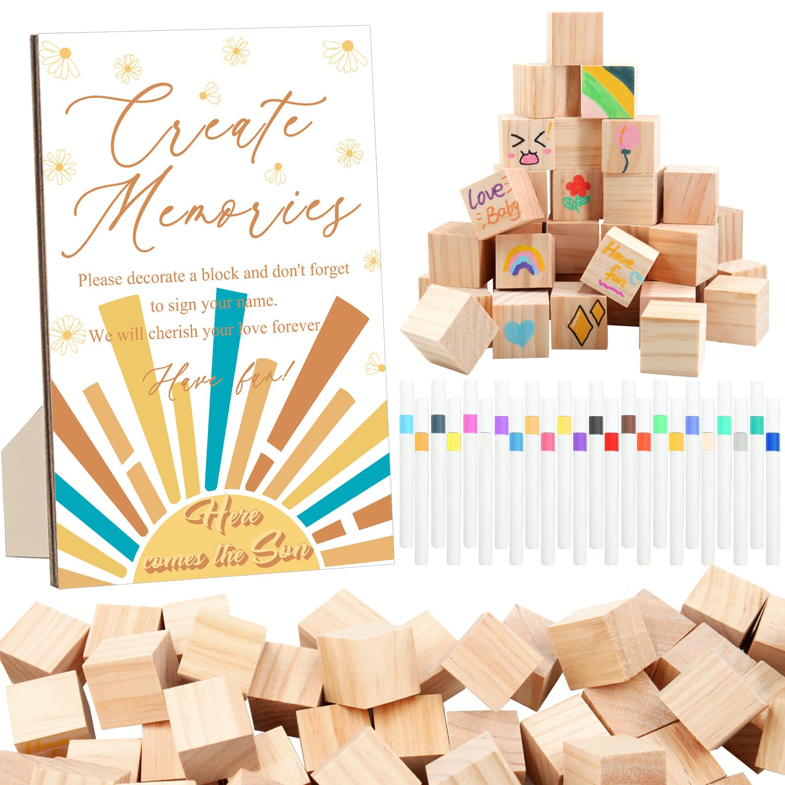 ZCPTZ 97 Pcs Sun Baby Shower Games Sign Kit, Sun Theme Party Decoration, Including Game Sign DIY Blank Wooden Block Painting Pen to Draw Your Idea for Sun Baby Shower Party Game Gender Reveal Party