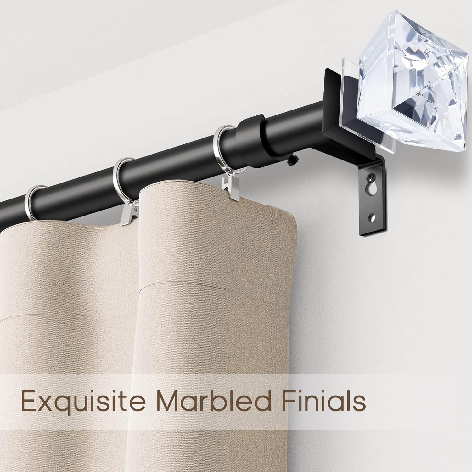 3/4 inch Single Window Curtain Rod with Diamond Acrylic Finial,36-66 inch,Matte Black
