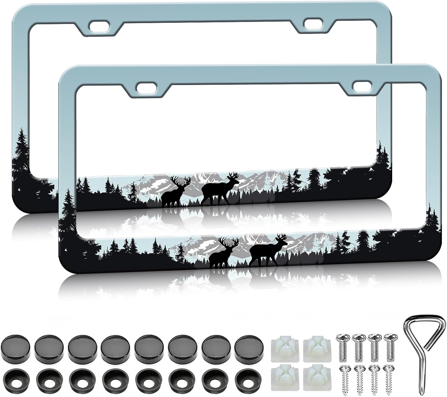 Mountain License Plate Frame - 2PCS Forest Deer Mountain Personalized Aluminium Metal License Plate Holder, Rust-Proof Waterproof Car Decorative Tag Frames