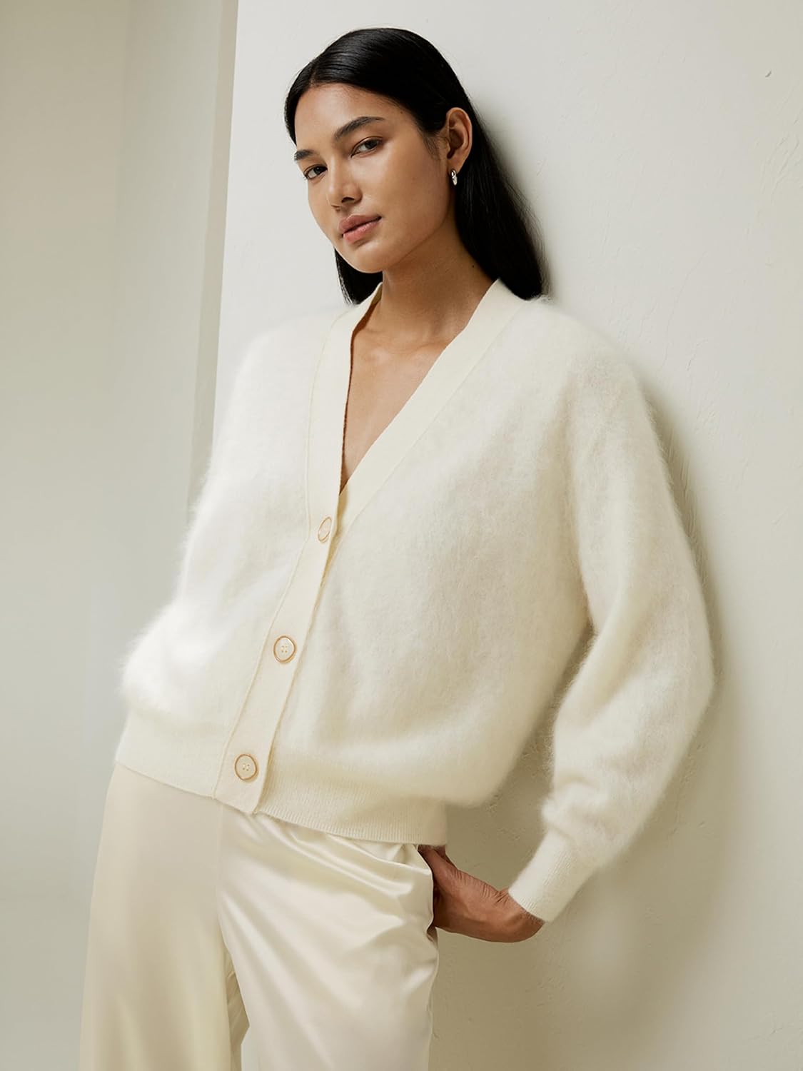 LilySilk 100% Cashmere Cardigan Sweater for Women Drop-Shoulder Pearl Button V Neck Coat Ladies Medium White