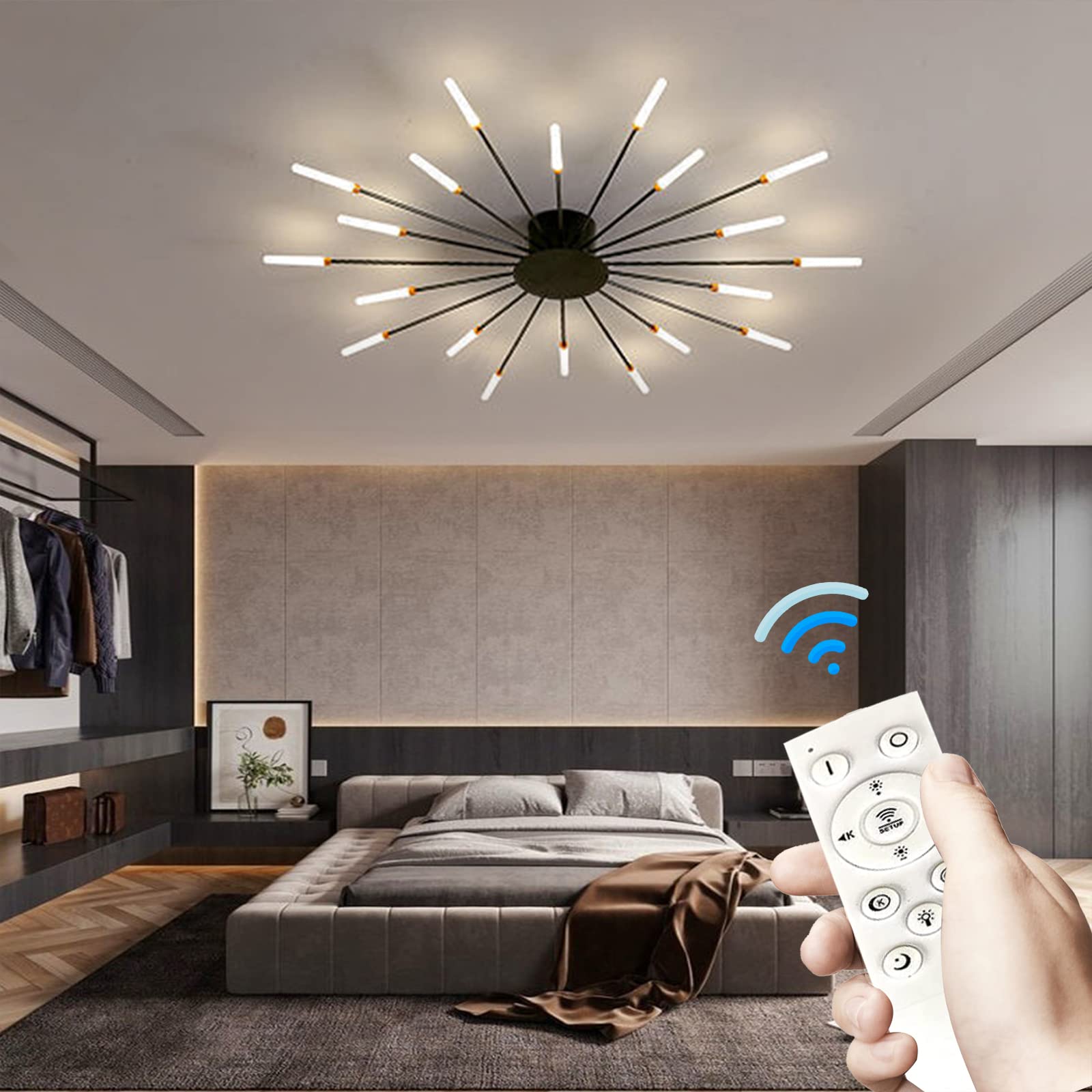 HYJAUSXB Modern Chandelier LED Ceiling Light, Light Fixture Acrylic Hanging Lamp Dimmable with Remote Control, Contemporary for Living Room Bedroom Dining Cabinet(20, Black)