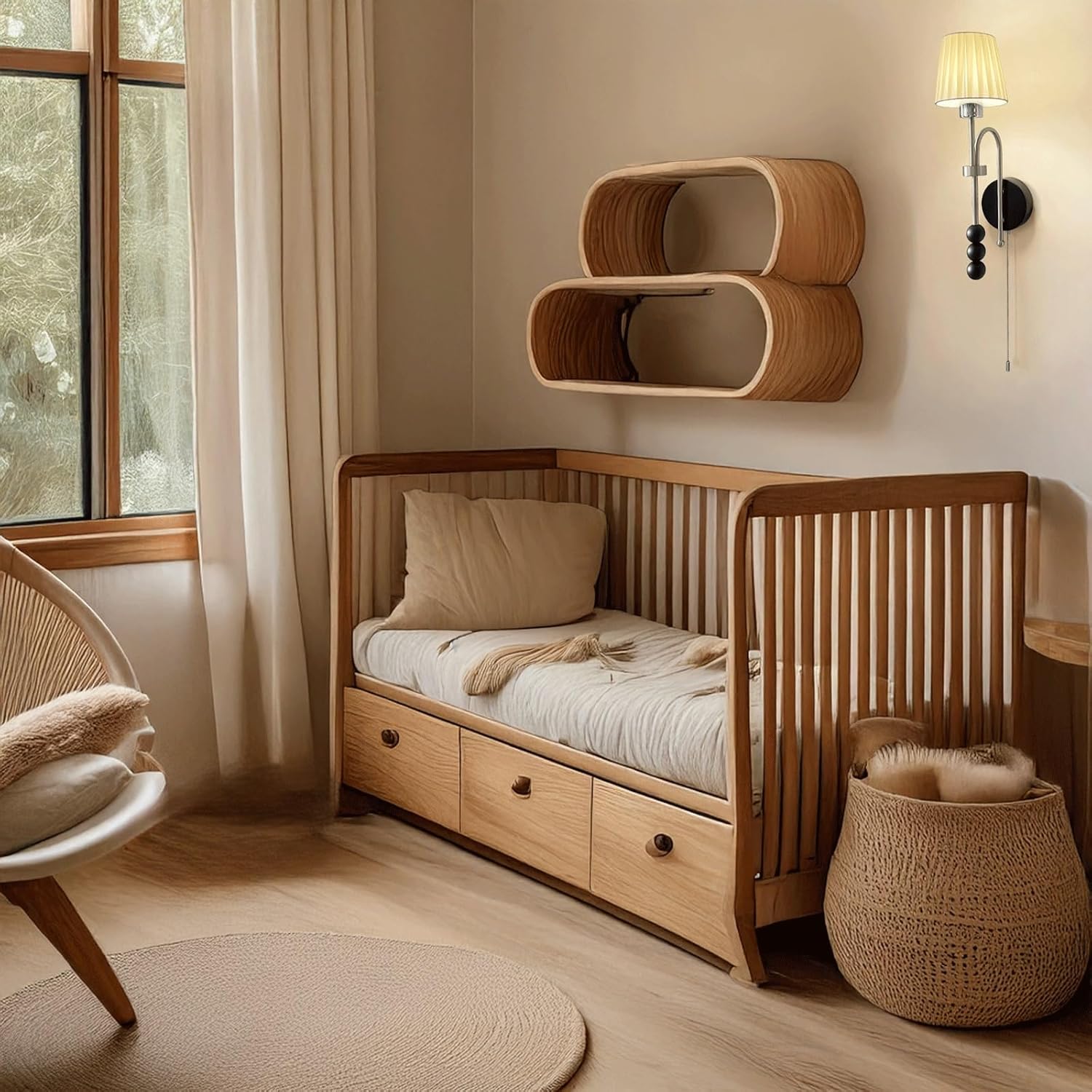 Modern Minimalist Wall Sconce Black & Sand Nickel Metal Wood Bead Decor Pleated Fabric Shade Hardwired Wall Lamp with Pull Chain for Bedroom Reading Nook Entryway Nordic Art Ambient Lighting