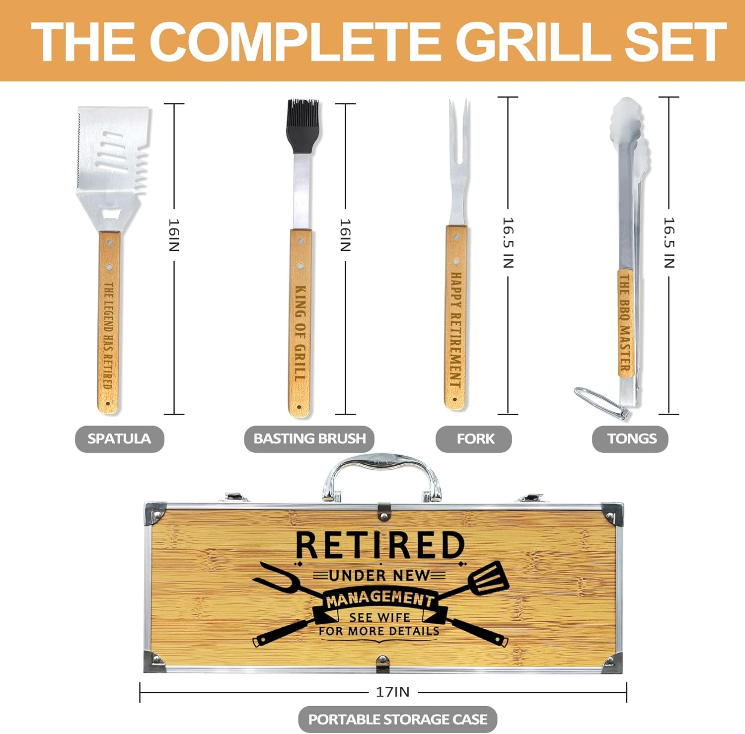 Retirement Gifts for Men, Retired Gift for Dad, Grandpa, Coworker, Retirees Heavy Duty Wooden BBQ Grill Accessories Kit, Thick Stainless Steel Grill Utensil with Non-Slip Handle Tools in Portable Box