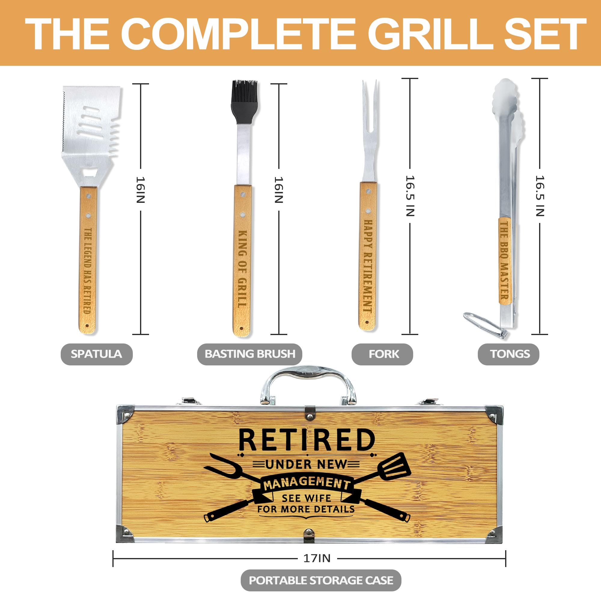 Retirement Gifts for Men, Retired Gift for Dad, Grandpa, Coworker, Retirees Heavy Duty Wooden BBQ Grill Accessories Kit, Thick Stainless Steel Grill Utensil with Non-Slip Handle Tools in Portable Box