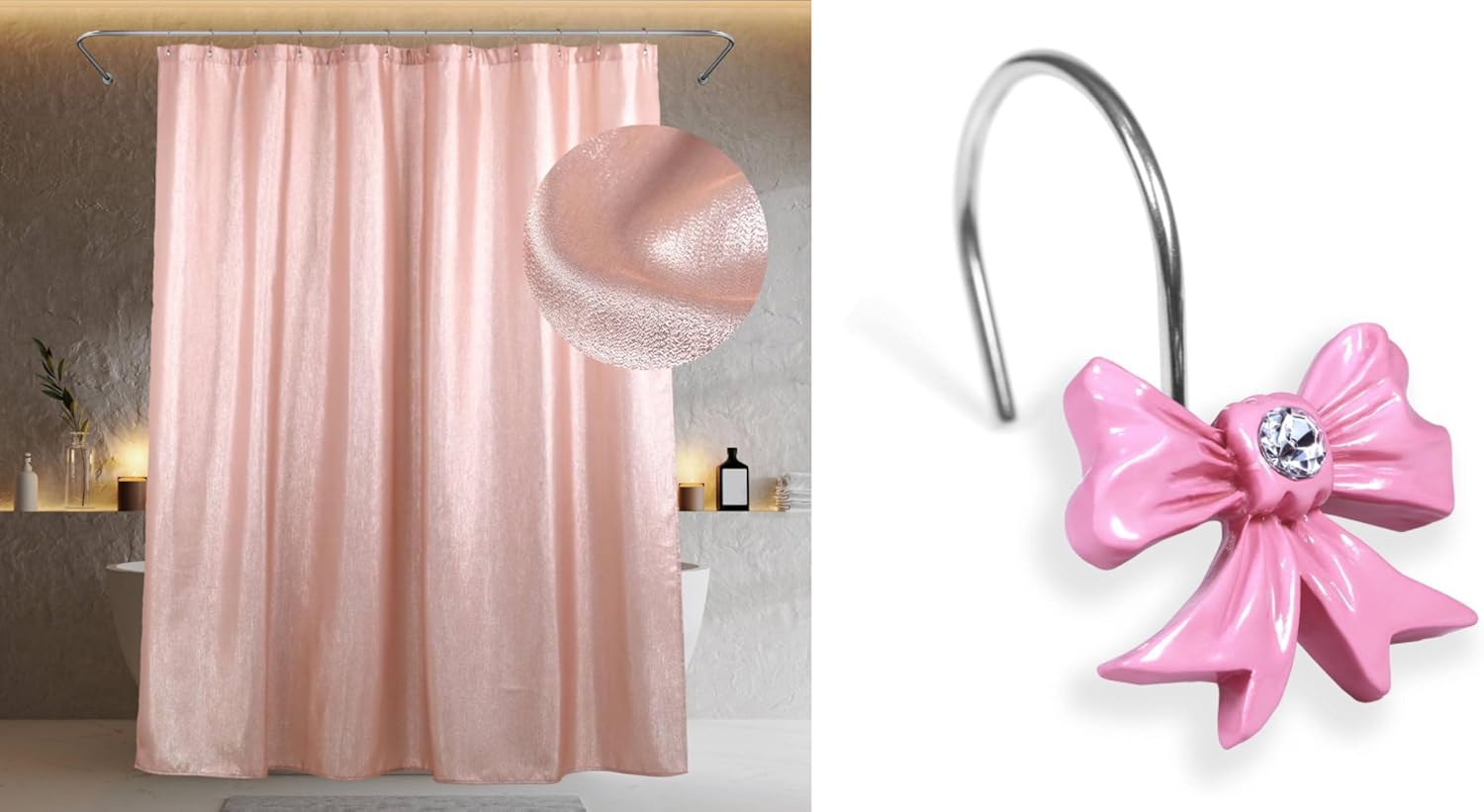 Blush Pink Shower Curtain& Pink Decorative Shower Curtain Hooks- 72x96 Waterproof Washable Linen Style Fabric Shower Curtain - 12 PCS Rust Proof Metal Shower Curtain Rings (2 Item Bundle)
