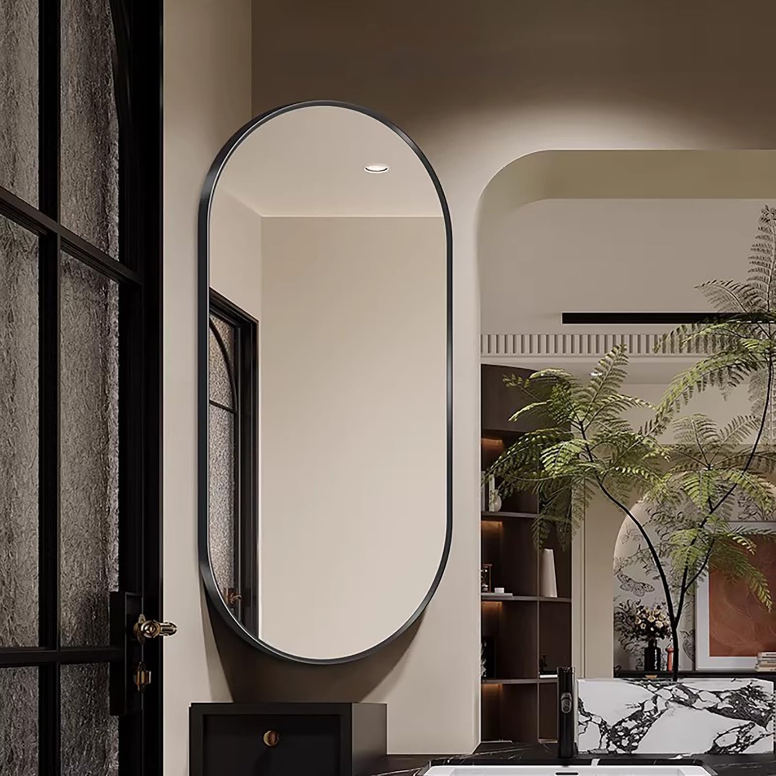 Miroir d'angle pivotant ovale en aluminium pour salle de bain