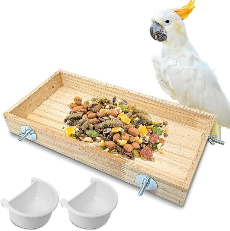 Comedouro de Madeira Natural para Aves BNOSDM com 2 Tigelas e Plataforma de Poleiro JGY146-30 (Grande)