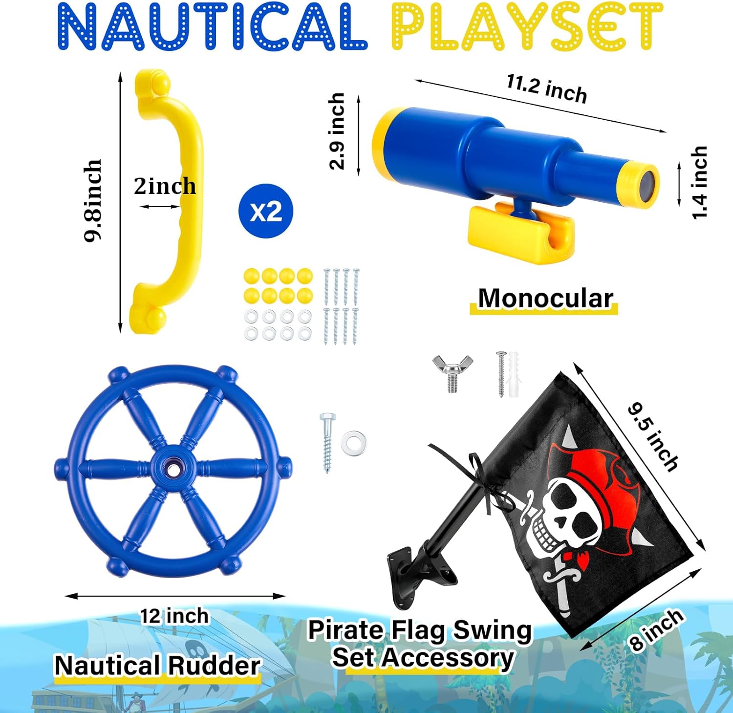 Junkin 5 Pcs Playground Equipment Plastic Pirate Steering Wheel Pirate Telescope Safety Handles Pirate Flags for Outdoor Backyard Swing Set Playhouse Tree House Jungle Gym Accessories (Blue)