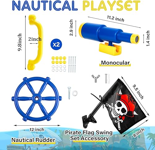 Miniatura 8 de Junkin 5 piezas de equipo de parque infantil, volante pirata, telescopio pirata, asas de seguridad, banderas piratas para patio al aire libre, juego