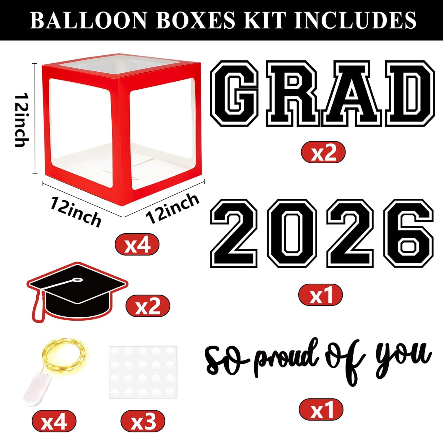 DAZONGE Red Graduation Decorations 2026, Set of 4 Grad Balloon Boxes with 139pcs Balloon Arch Garland Kit, Graduation Party Decorations for 50 Guests