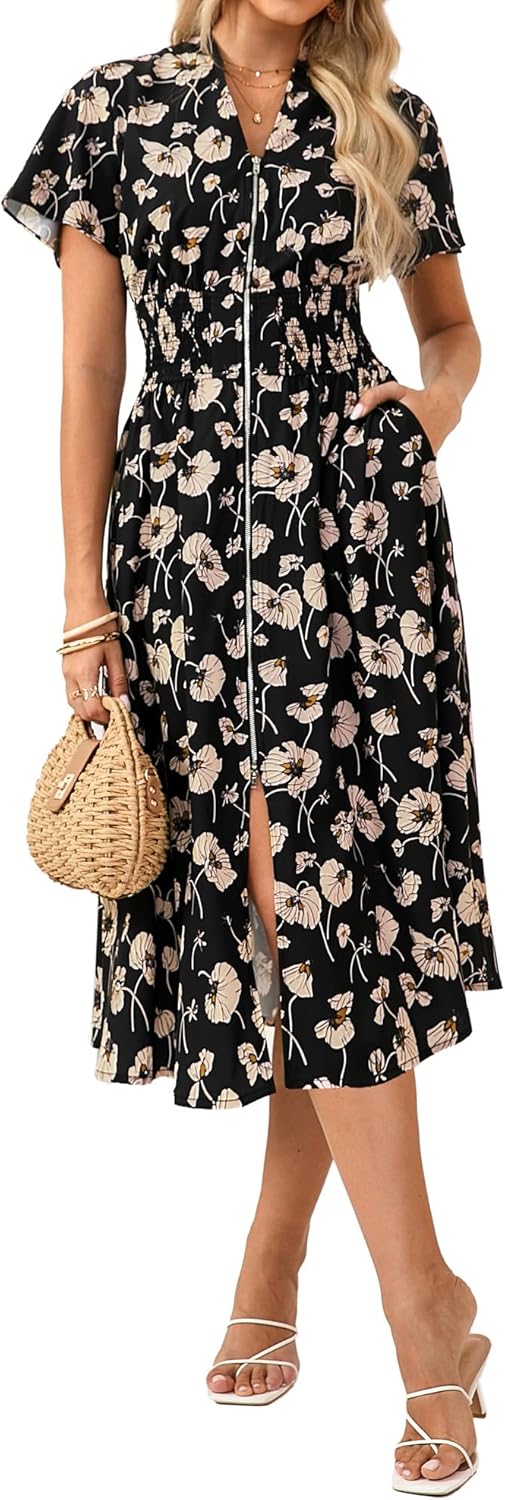 GRACE KARIN Womens Summer Maxi Floral Dress Casual 2026 Long Zipper Dresses Boho Flowy Beach Vacation Sundress with Pockets