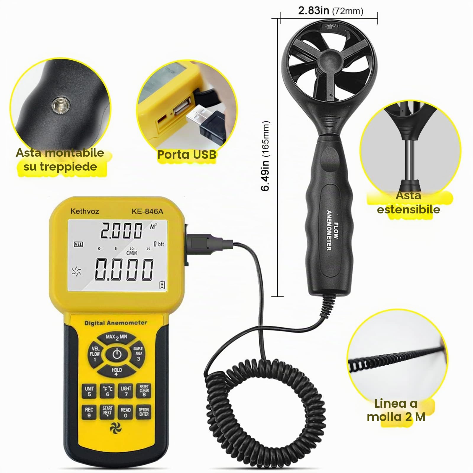 Anemometro CFM Portatile, Kethvoz HVAC Tester di Velocità dell'Aria Digitale con Sensore di Vento Esteso Misura la Temperatura e Flusso del Vento, Misuratore di Velocità del Vento KE-846A