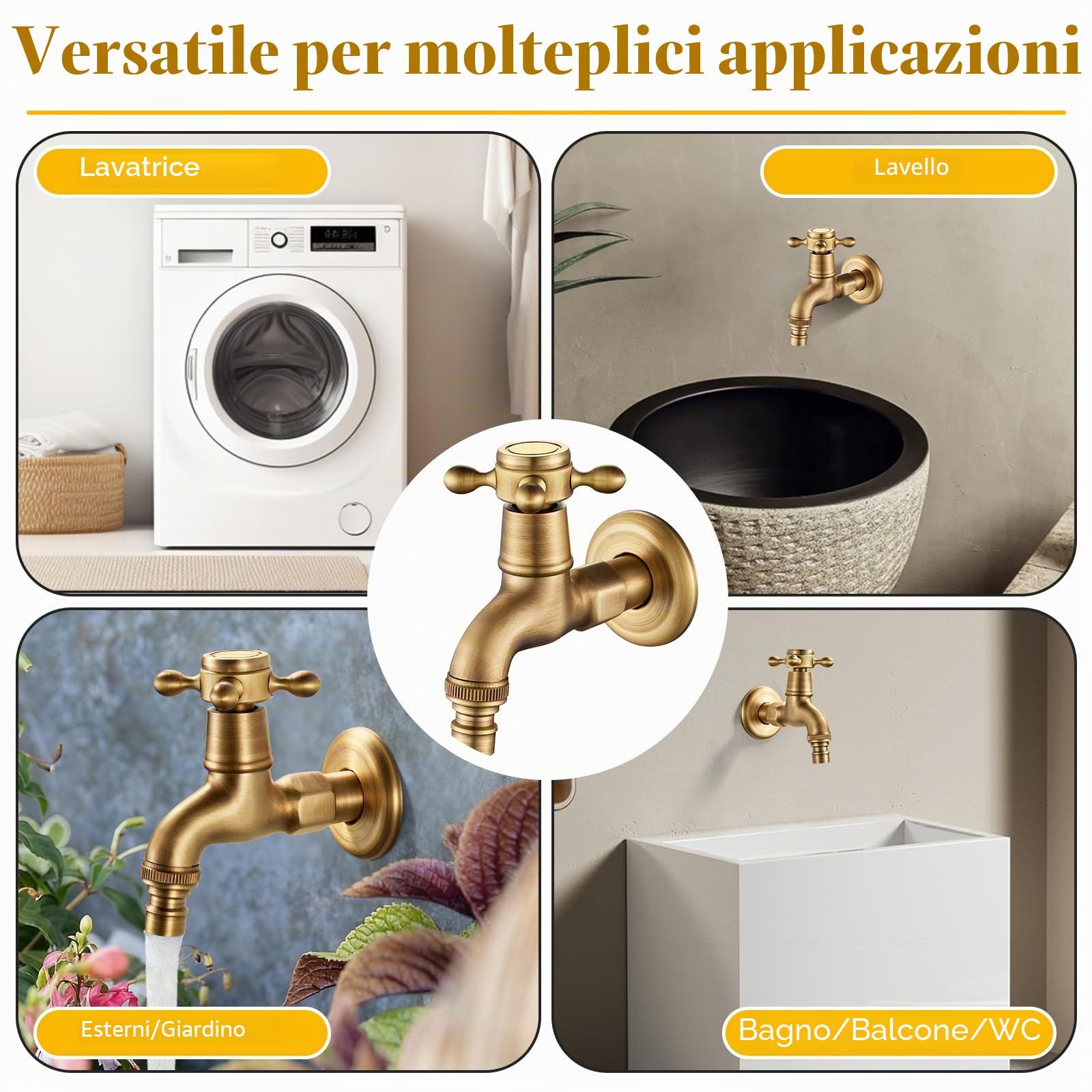 Rubinetto Giardino Ottone Antico per Lavatrice, Giardino, Esterno, Bagno e Cucina, Filettatura G1/2 (Solo Freddo)