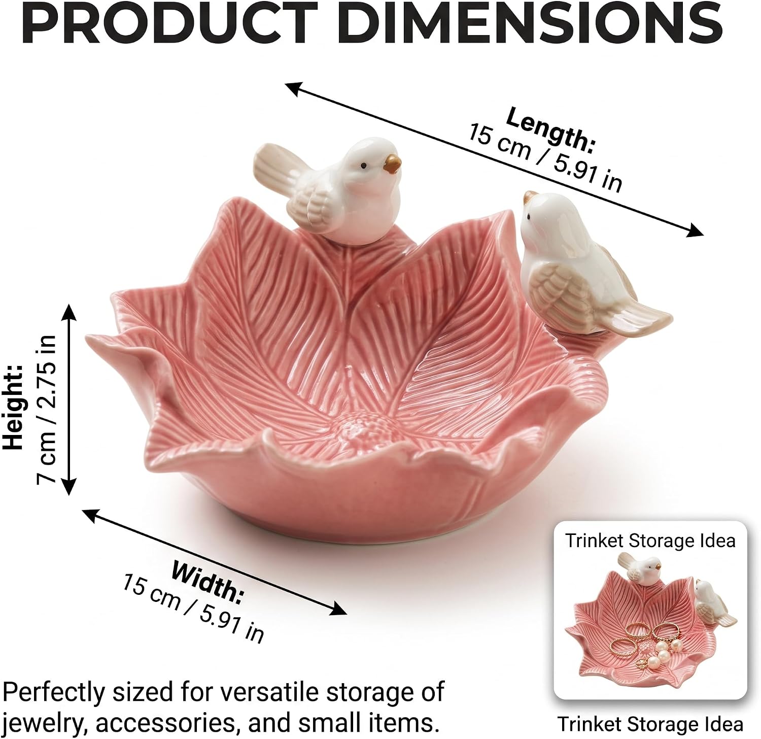 5.9 Inch Porcelain Jewelry Tray - Decorative Bird Dice Dish, Small Ceramic Catchall Bowl for Keys, Rings & Trinkets - Pink Flower Tray for Vanity Desk Decor image 2