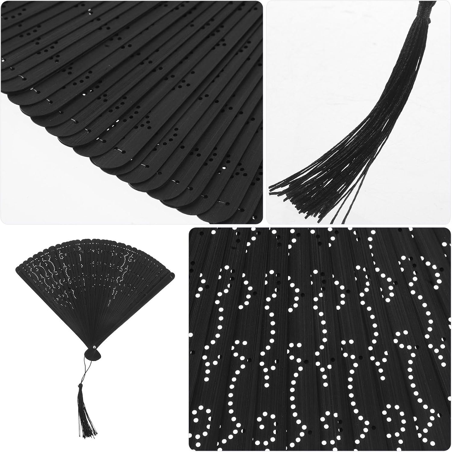 Black Folding Hand Fan Vintage Hollow Carved Dance Prop image 3