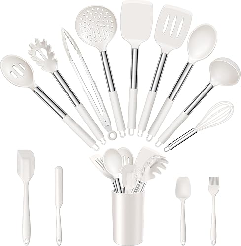 E-far Juego de utensilios de cocina de silicona de 14 piezas, juego de utensilios de cocina con soporte, espátula, cucharón, cuchara, espátula