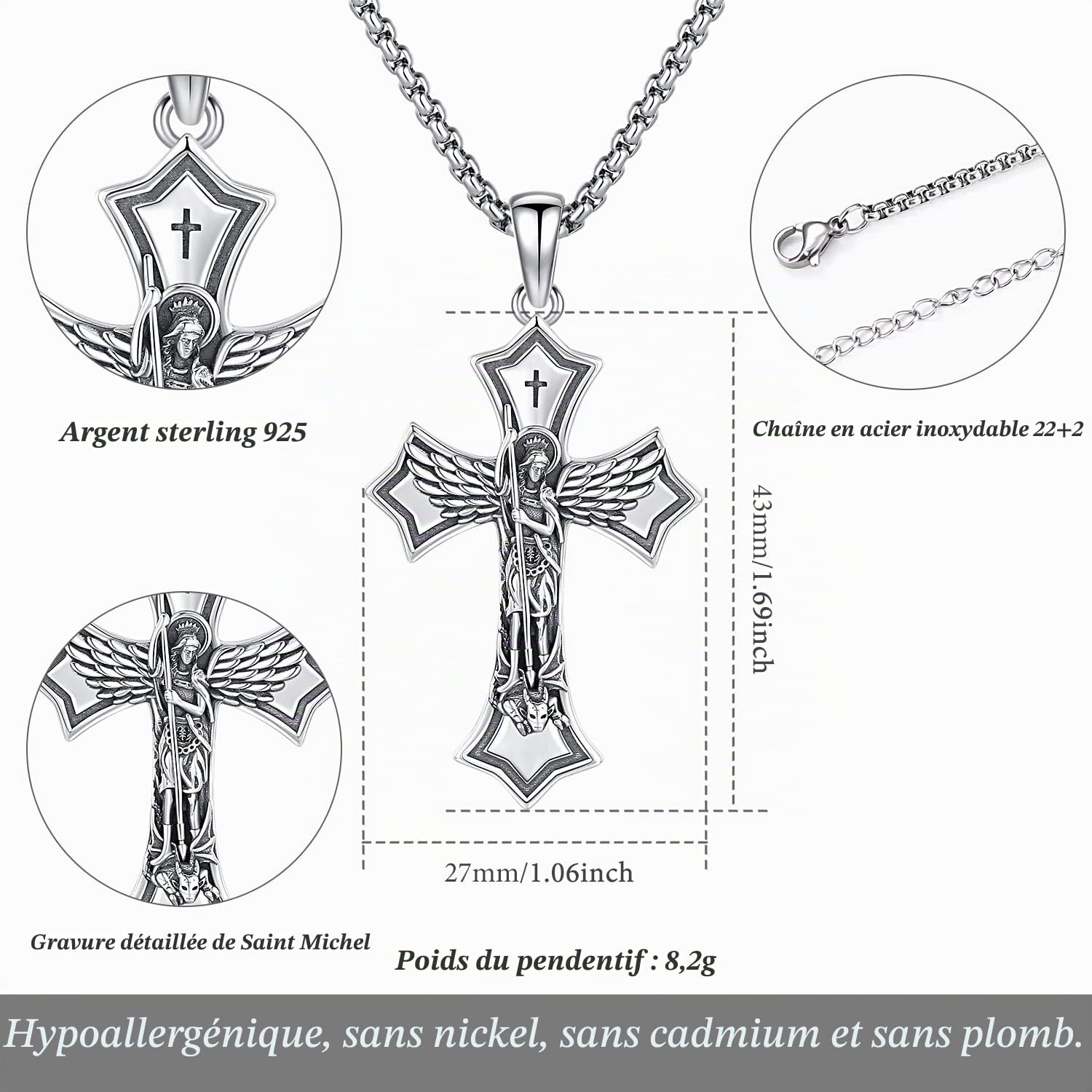 Collier Saint Michel/Saint Christophe/St Benoît Croix en Argent Sterling 925 Archange Pendentif Médaille Religieux Amulette Protection Bijoux pour Homme Femme