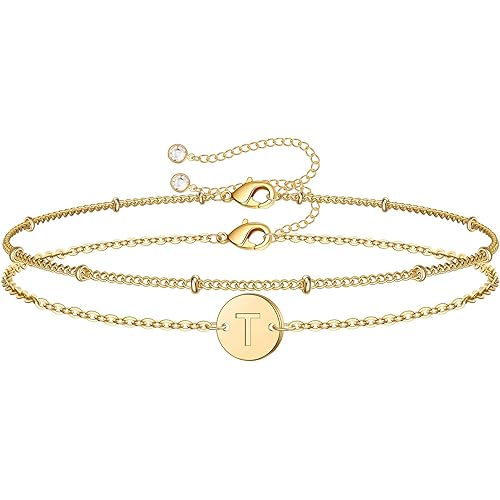 MONOZO Easter Gifts for Teens Girls - Gold Initial Bracelets for Women Girls, 14K Gold Filled Letter Initial Bracelet Personalized 26 Alphabet Disc Monogram Charm Bracelet Jewelry Gifts for Girls