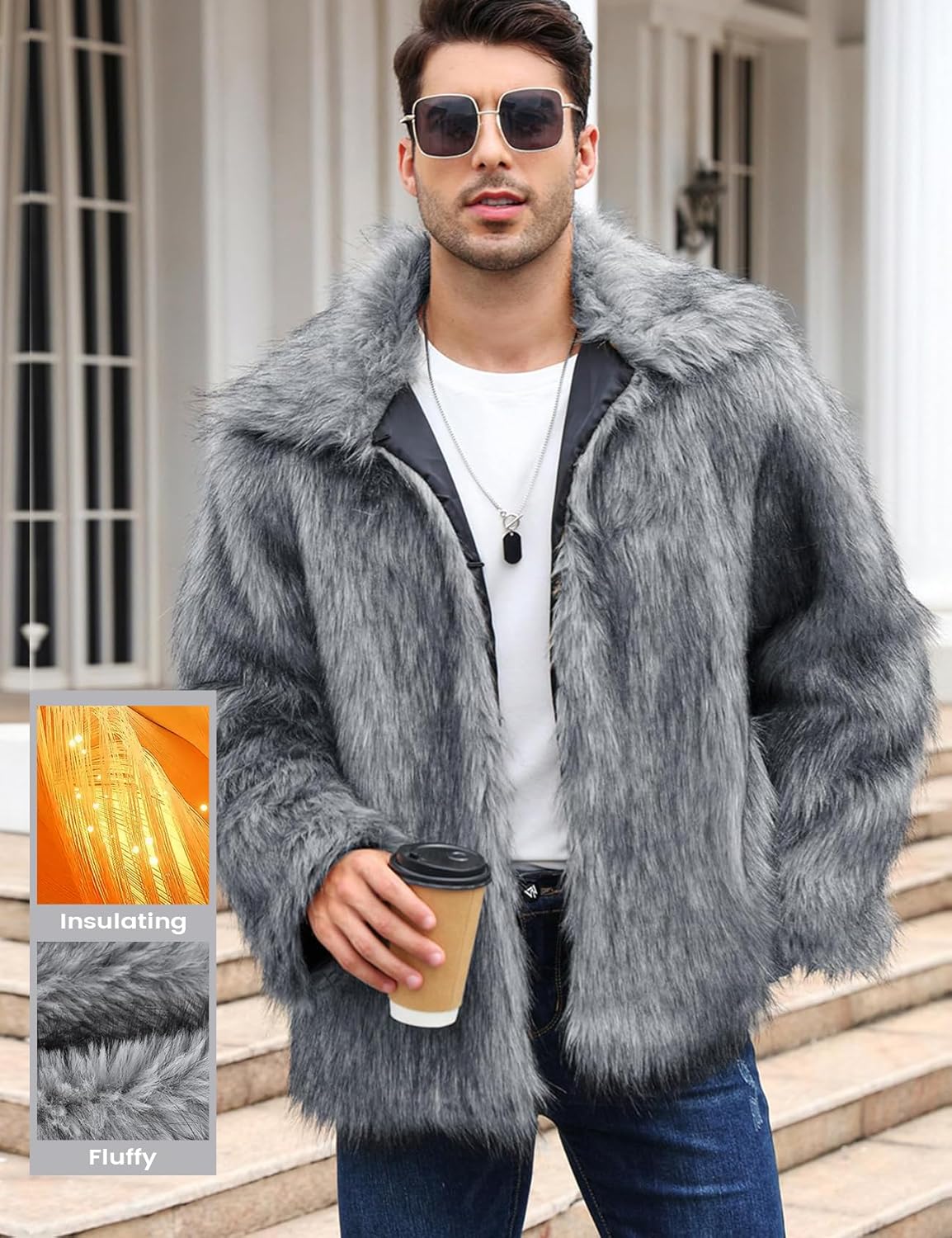 Yimoon Mens Faux Fur Coat Winter Luxury Fluffy Jacket Warm Lapel Collar Furry Parka Jacket Overcoat - Image 2