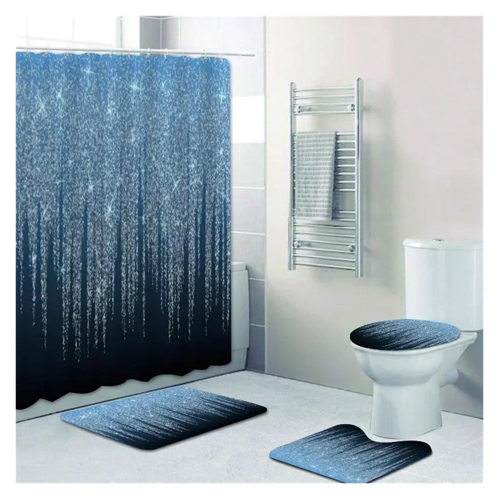 MZSKLW Shower Curtain Stylish Black Silver Falling Glitter Confetti Dust Bathroom Curtains Shower Curtain Set Grey Sparkling Bath Rugs Decor