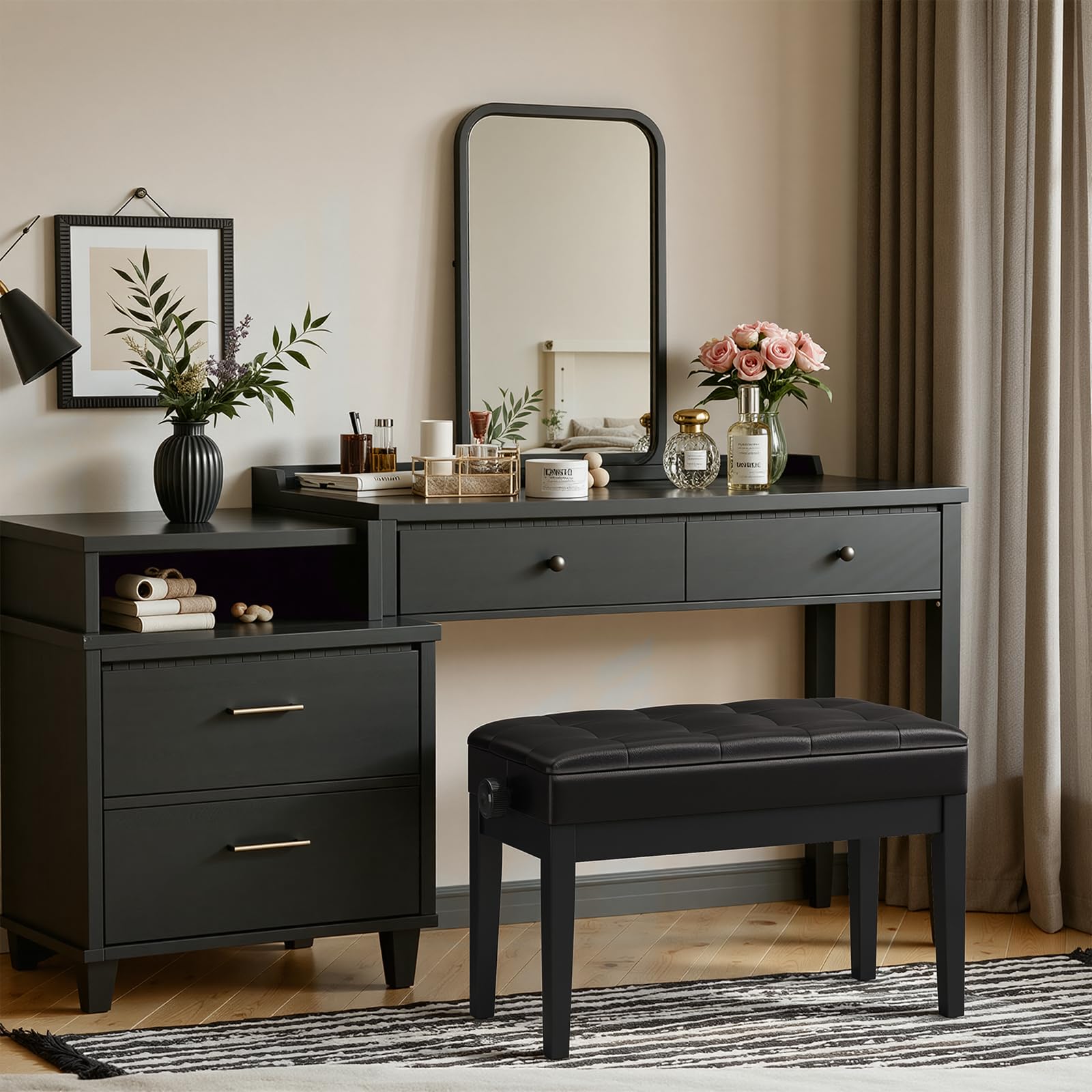 Clevich Banquette Piano Double Réglable en Hauteur, Banc de Piano avec Espace de Rangement et Coussin en Cuir PU, Charge maximale : 200 kg, Noir