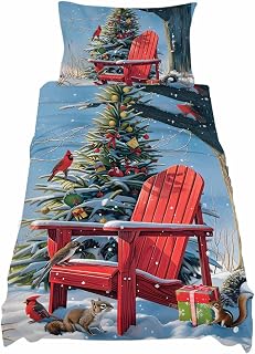 Christmas Red Twin Size Bed Sheet Set, Soft & Breathable Microfiber, Rocking Chair Xmas Tree Pattern Bedding Sheets & Pillowcases, Deep Pocket Fitted Bedsheet, 3 Piece