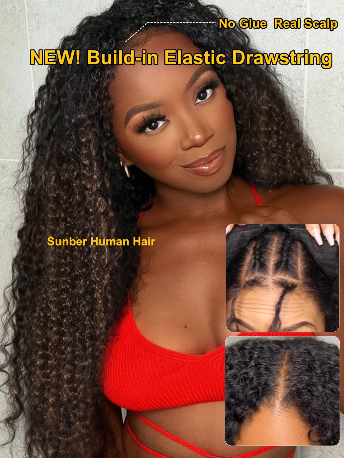 Sunber EasiContour V Part Human Hair Ombre Chestnut Brown Curly Glueless Wig Upgrade Vpart Wigs No Leave Out No Gel 180% Density V Shape Clip Wigs No Sew in Ready to Go Beginner Friendly 16Inch