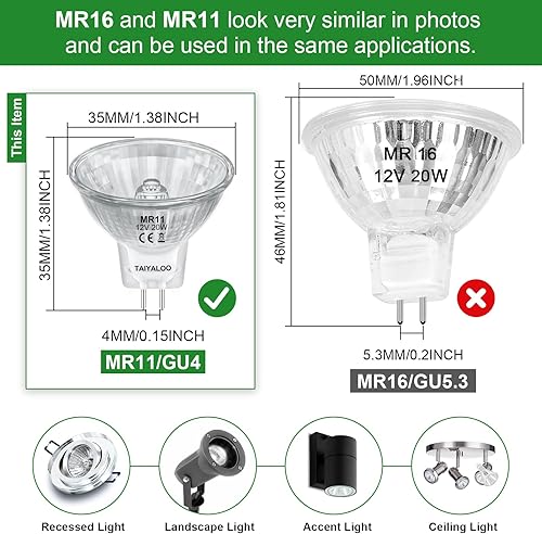 Miniatura 10 de TAIYALOO Bombilla MR16, paquete de 6 bombillas halógenas MR16 de 20 W, base GU5.3 bi-pines, MR16 12 V 20 W, bombilla MR16 regulable con cubierta de