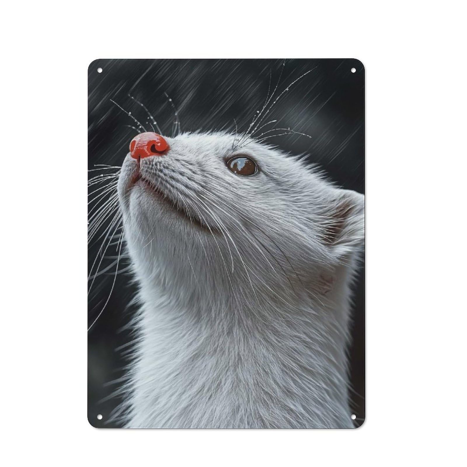 White Ferret Looking Up in Rain Printed Metal Sign for Pet Owners, Birthday, Christmas Or Housewarming Gift, 40x30cm