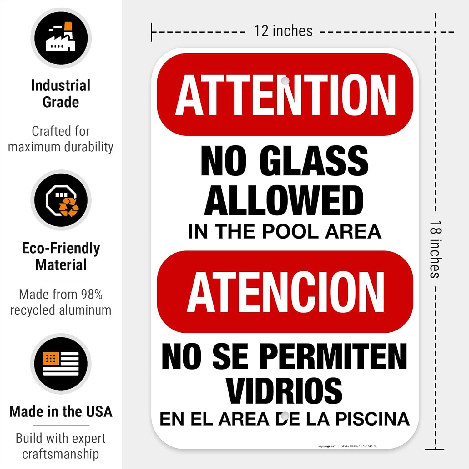 Attention No Glass Allowed Pool Sign, Bilingual Spanish English, 12x18 Inches, Rust Free .063 Aluminum, Fade Resistant, Made in USA