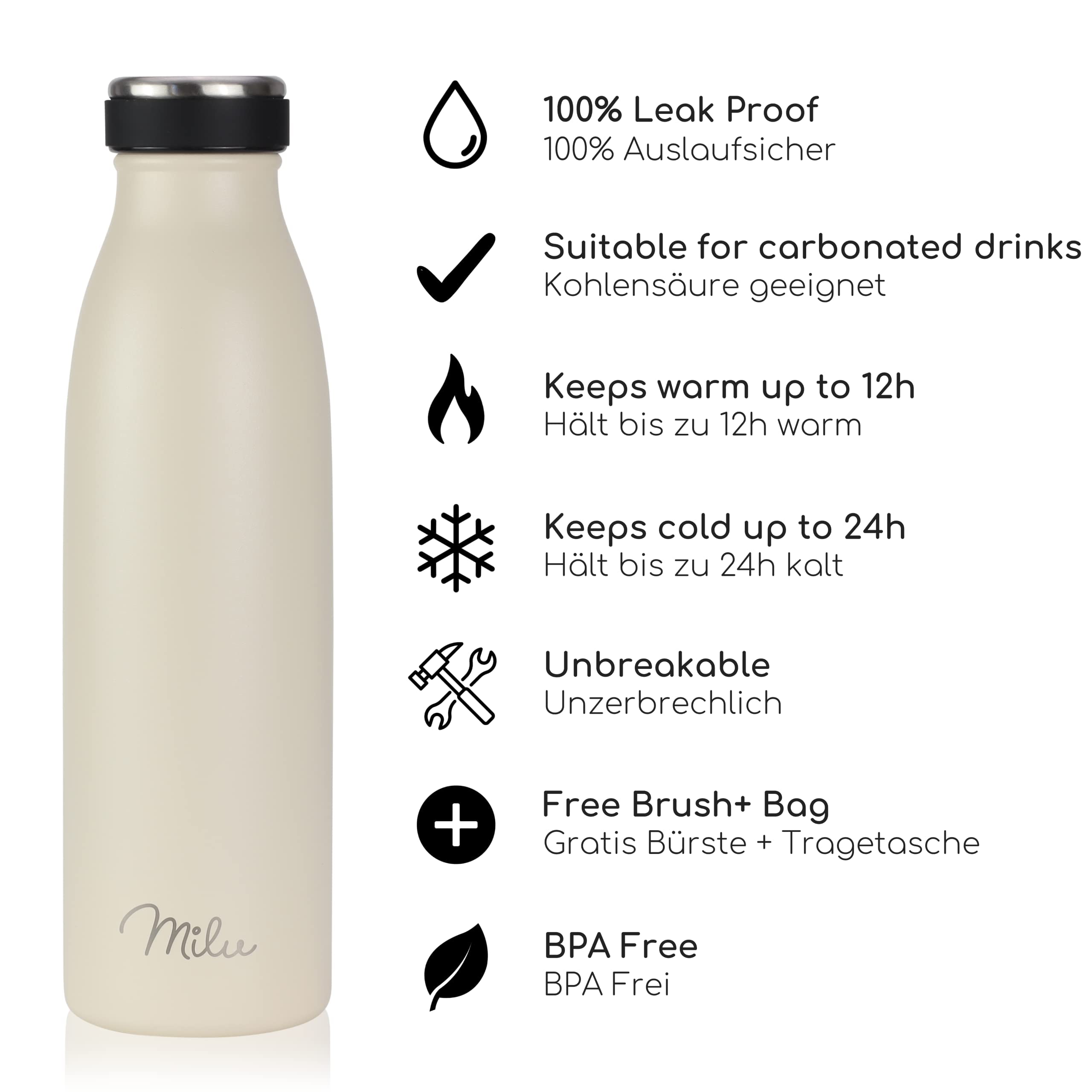 Milu Stainless Steel Drinking Bottle 500 ml, Insulated Thermo Flask for Water, Leak Proof, Insulated and Double Walled - Image 2