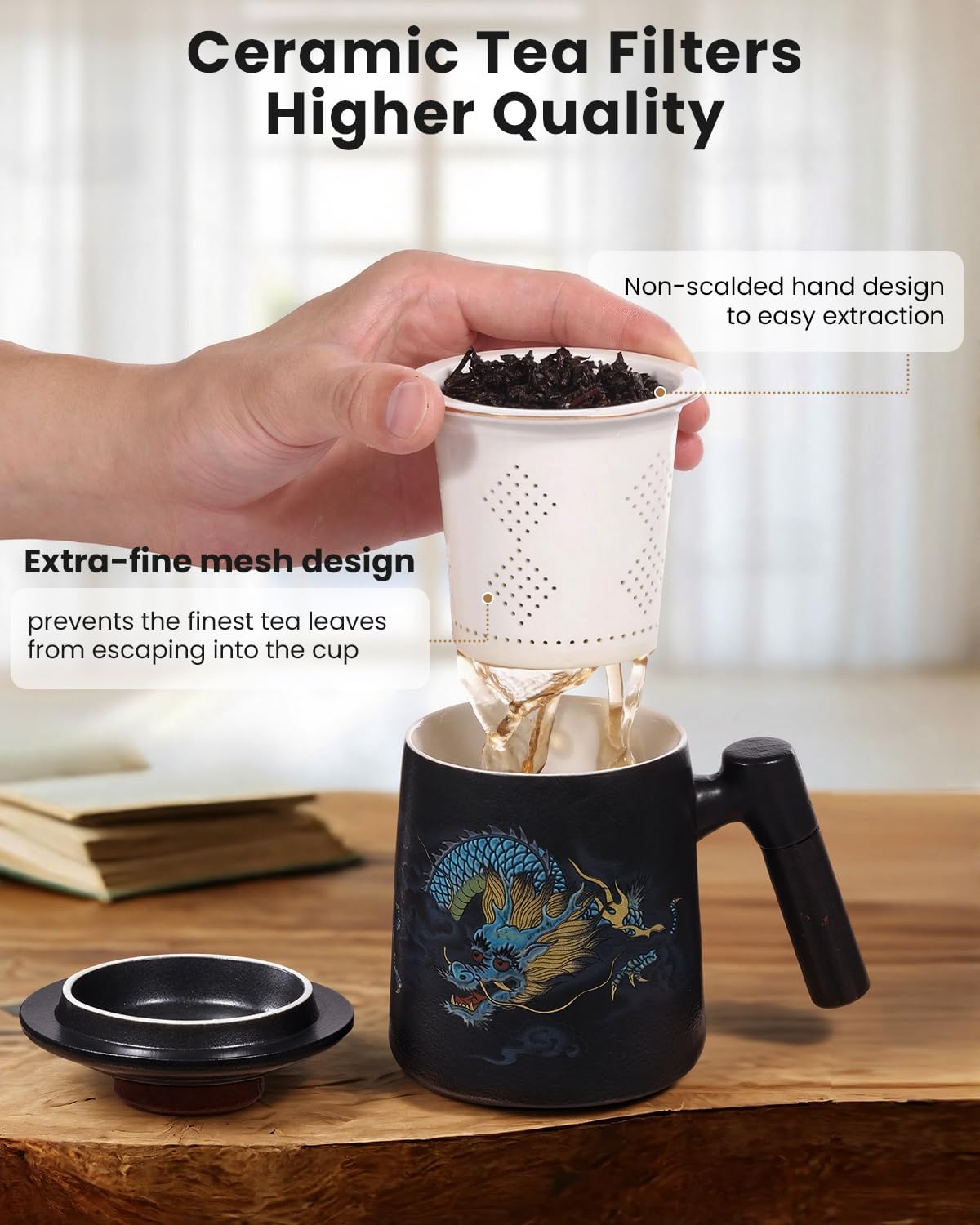 Porcelain Tea Cup with Infuser and Lid,Ceramic Tea Mug for Loose Leaf,Tea Strainer Cup with Wood Handle,Chinese Dragon Black Cup,All Ceramic Infuser,BPA-Free for Tea Lovers/Birthday/Easter's Day - Image 2
