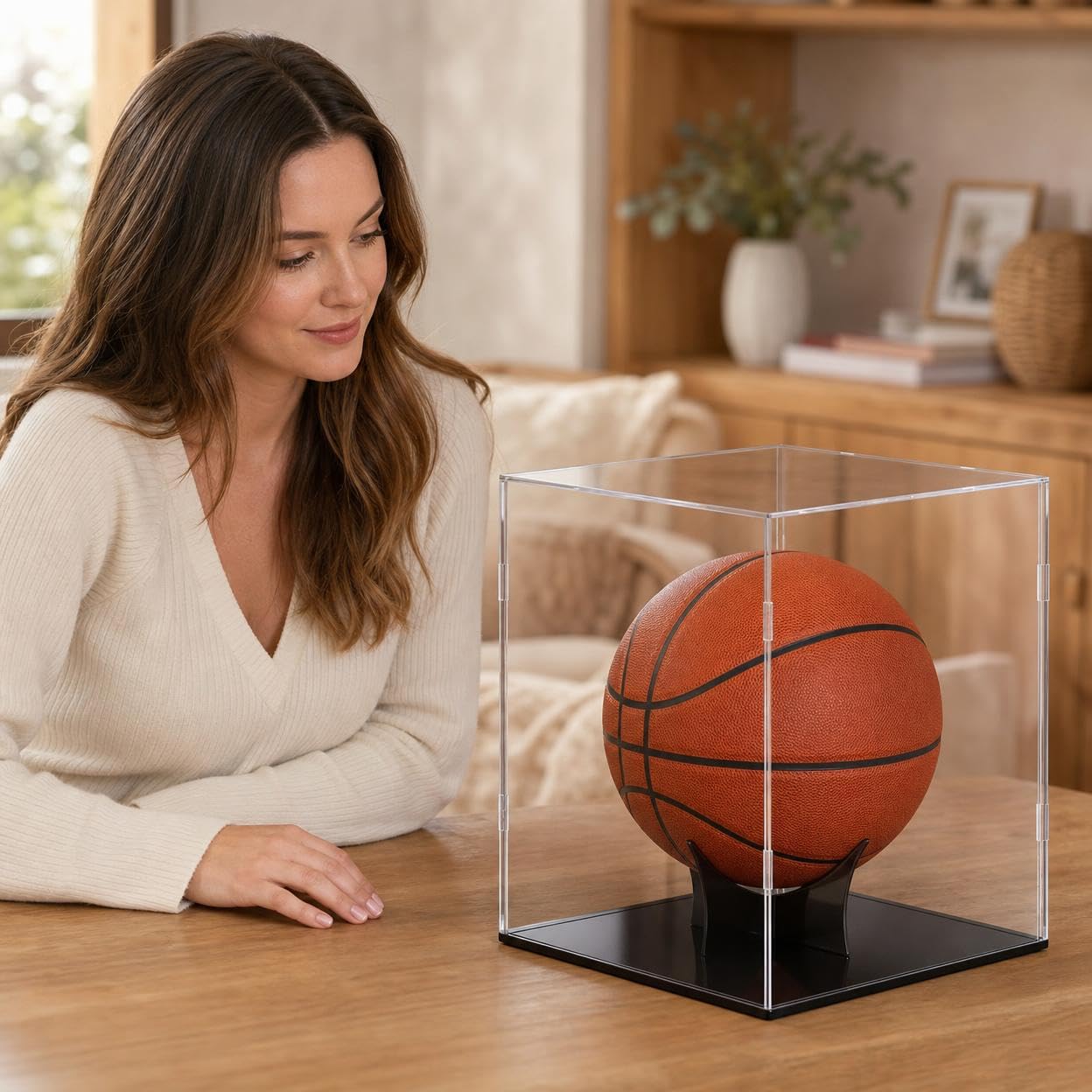 Vitrina Expositora Acrílico Transparente, Caja Metacrilato para Balones, Soporte Estable para Baloncesto, Fútbol