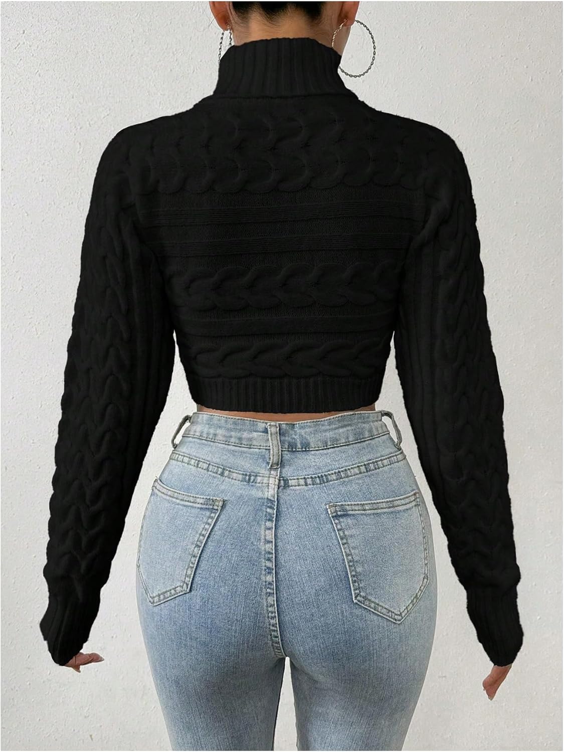 OYOANGLE Women's Cable Knit Turtleneck Sweater Long Sleeve Fitted Cropped Sweaters - Image 2