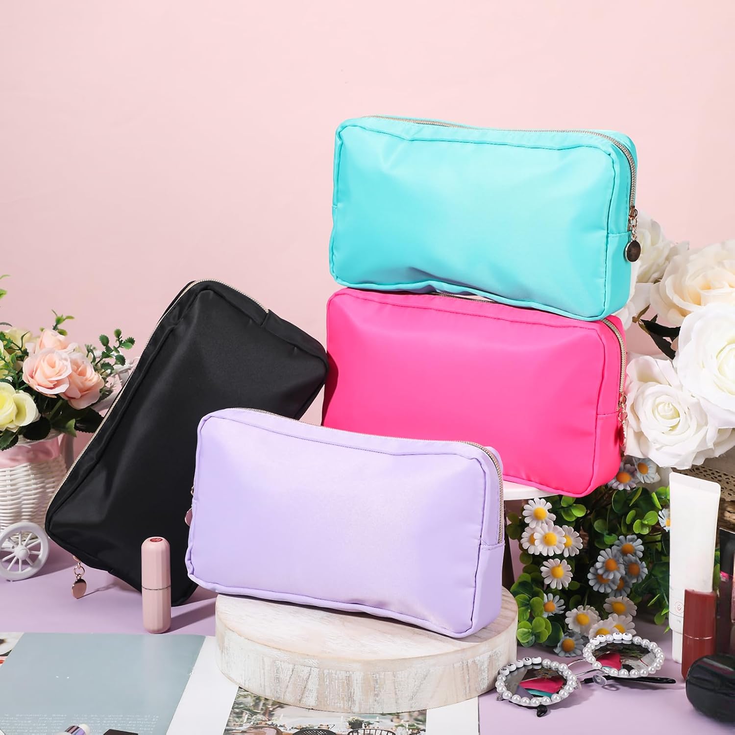 Hushee 4 Pcs Nylon Makeup Bag Travel Makeup Bags for Women Preppy Zipper Pouch Nylon Toiletry Bag Waterproof Storage Organizer(Small,Black, Fuchsia, Mint, Grape) - Image 5