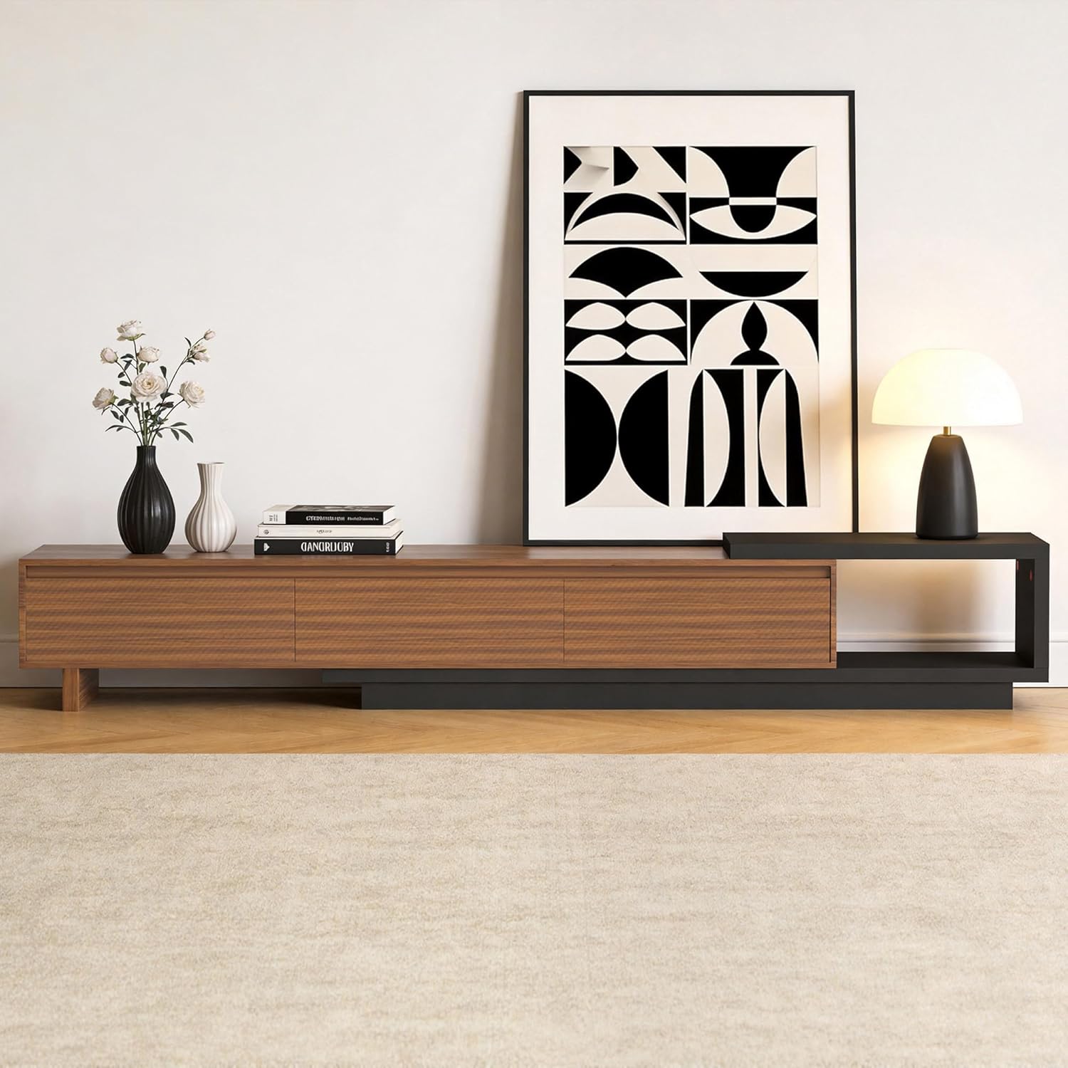78.74"-103.14" Extendable TV Stand for 70–90 Inch TVs, Mid Century Modern Media Console with 3 Drawers & Open Storage, Entertainment Center for Living Room or Bedroom – Grey