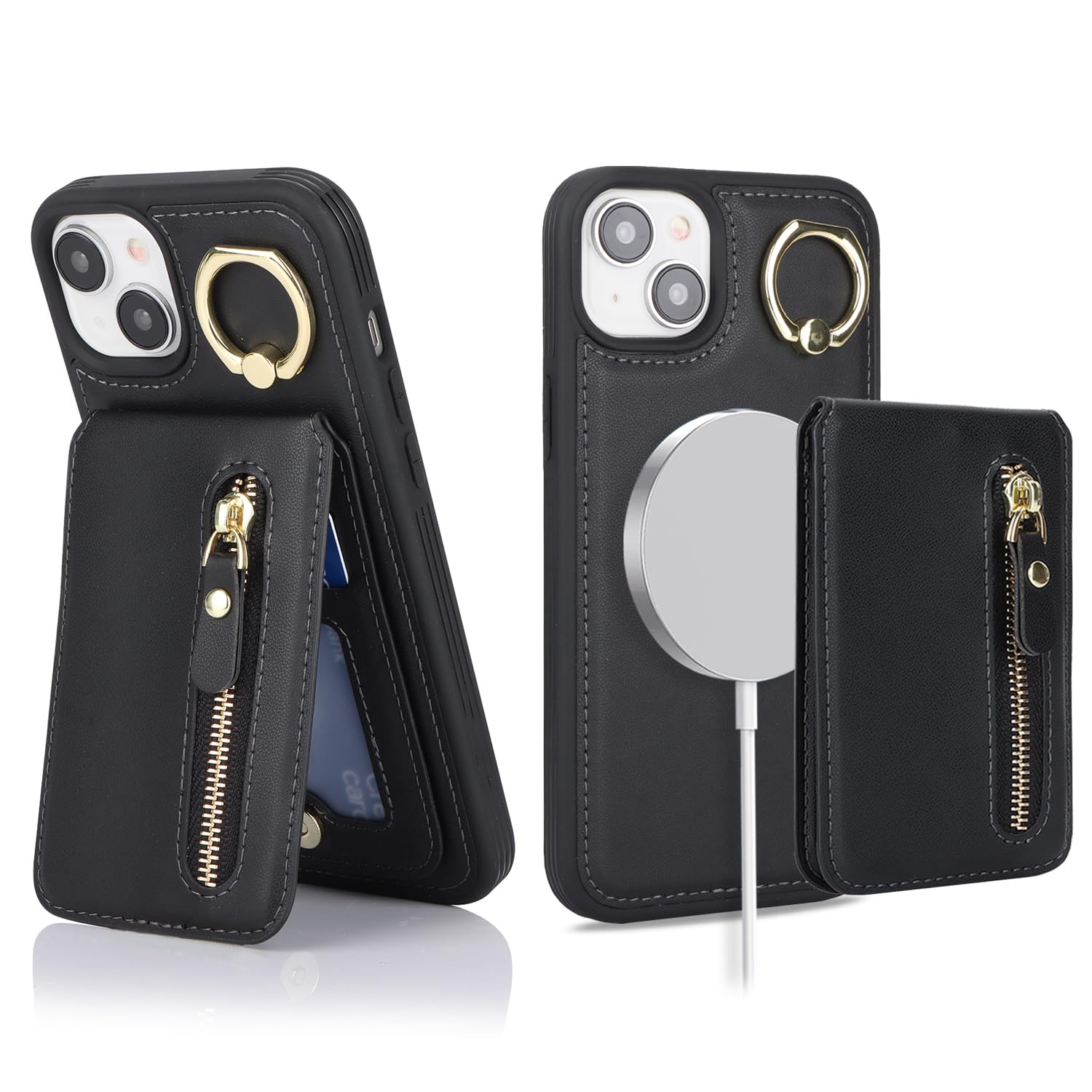 ?????? for iPhone 15 Case magsafe compatible iphone 15 case with Card Holder for men iphone 15 wallet case detachable magnetic leather zipper phone cover for women-Black
