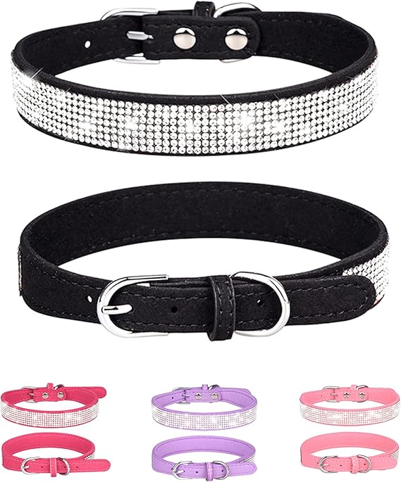 Dog Collar for Medium Dogs, Adjustable Leather Suede Bling