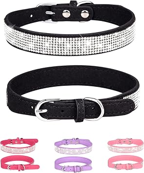 Dog Collar for Medium Dogs, Adjustable Leather Suede Bling Dog Collars,Black Dog Collar Cat Collar, Rhinestone Dog Collar M, Black