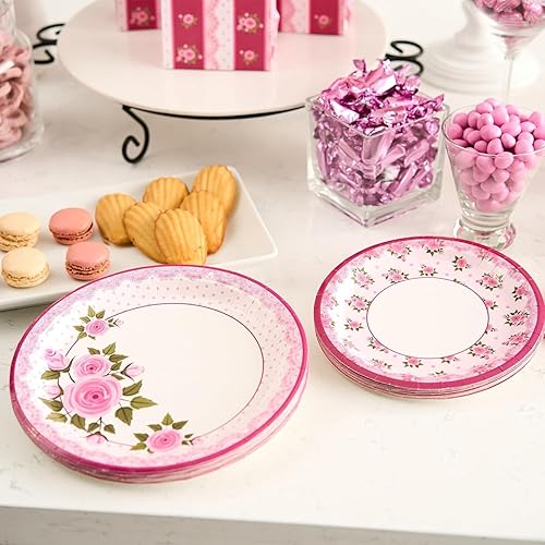 Miniatura 2 de Royal Bluebonnet Suministros para fiestas florales de Pascua, juego de 24 platos de papel rosa (7 y 9 pulgadas), servilletas de papel y vasos de