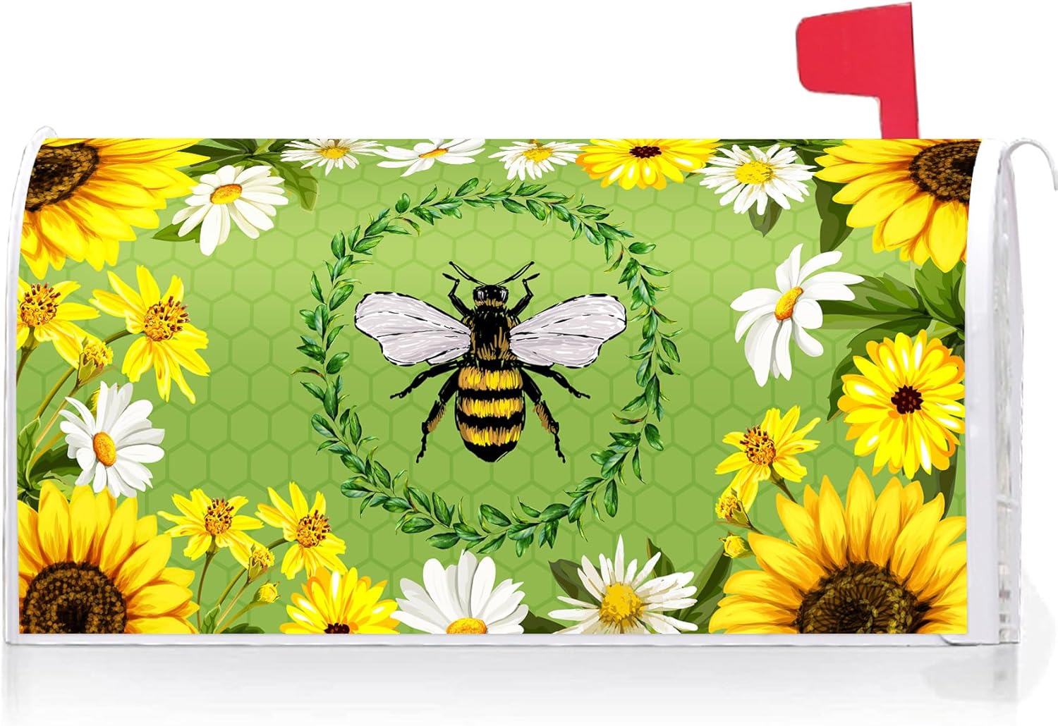 Texupday Sunflower Daisy Floral Bee Decoration Mailbox Cover with Magnetic Strip Spring Summer Mailbox Wraps Post Letter Box Cover Standard Size 21" X 18" for Garden Outdoor Yard Decor