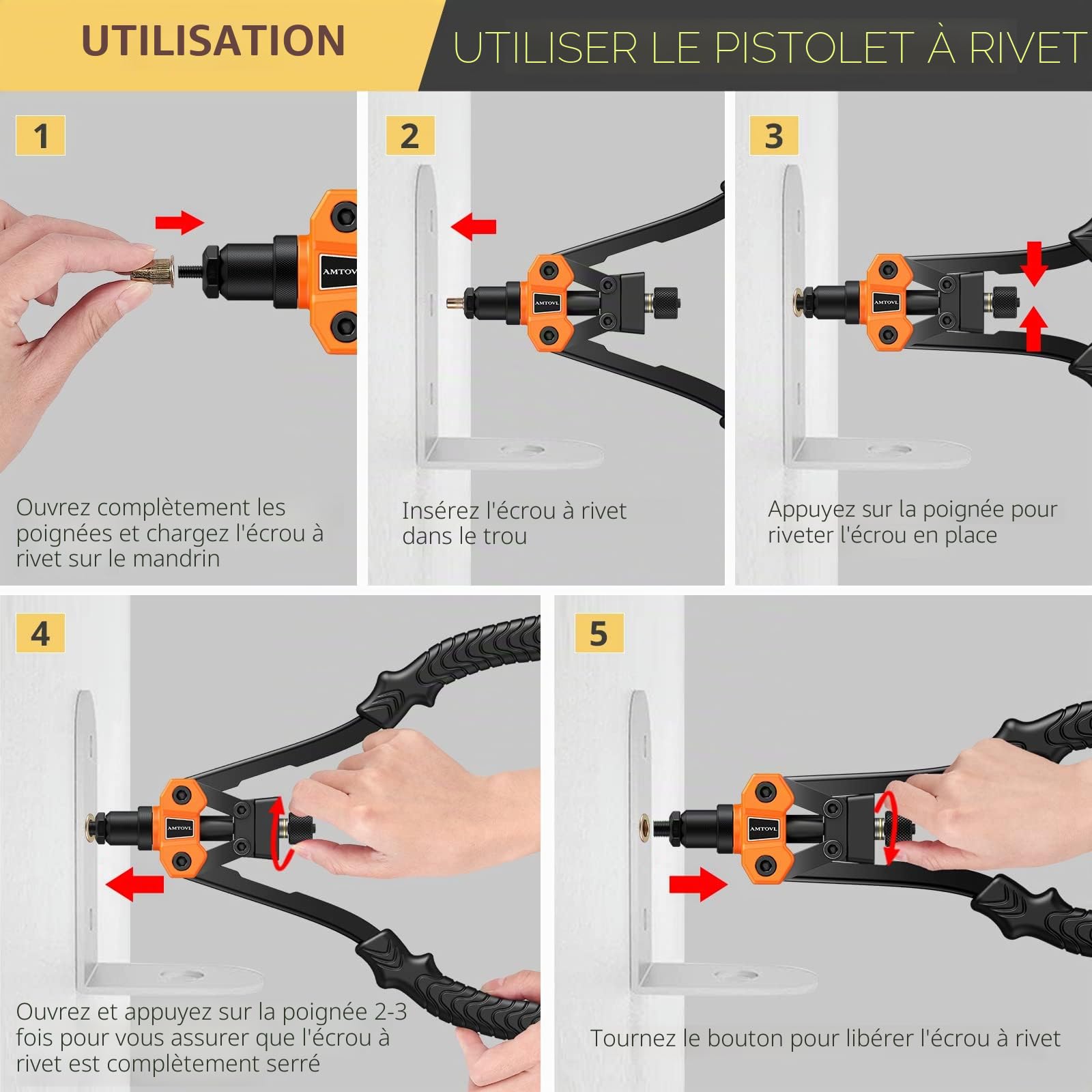 AMTOVL Pince à Riveter Écrou 13” Pince à Insert Fileté Ecrou a Sertir M3 M4 M5 M6 M8 M10 Pinces à Rivets Inserts Écrous en Acier au Carbone avec clé