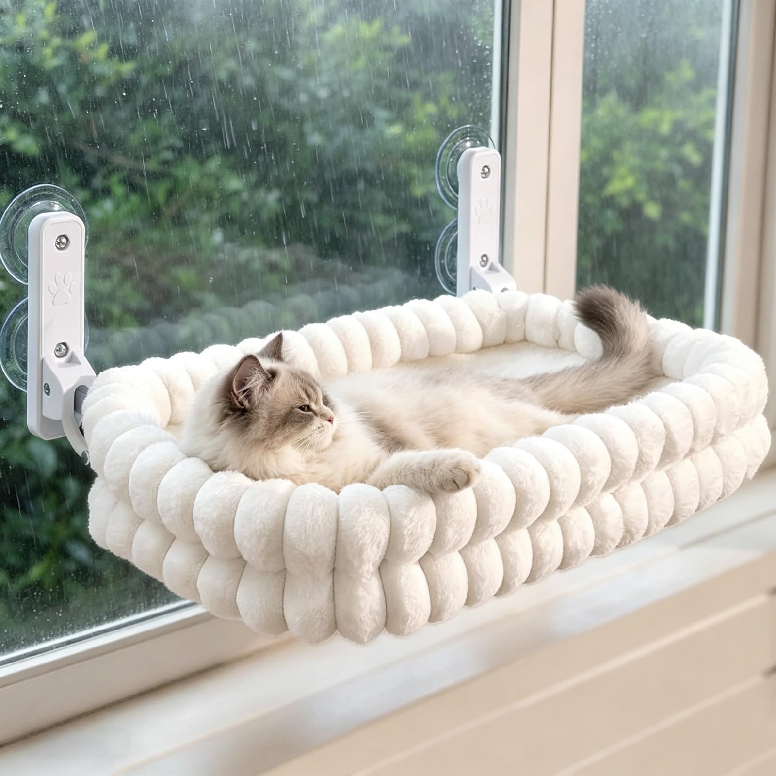 Amaca pieghevole per gatti – trespolo per gatti senza fili con copertura reversibile lavabile in lavatrice, telaio resistente e ventose, letto per gatti grandi da interno fino a 18 kg