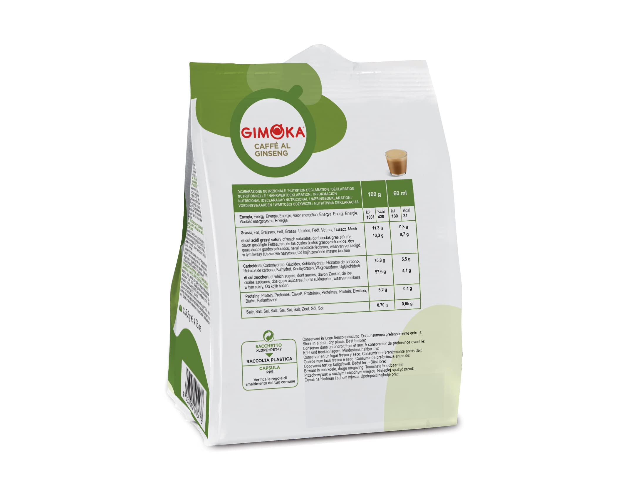 Gimoka - Compatible Para Nescafè - Dolce Gusto - 64 Cápsulas - Sabor CAFE' CON GINSENG - Made In Italy - 4 Paquetes De 16 Cápsulas